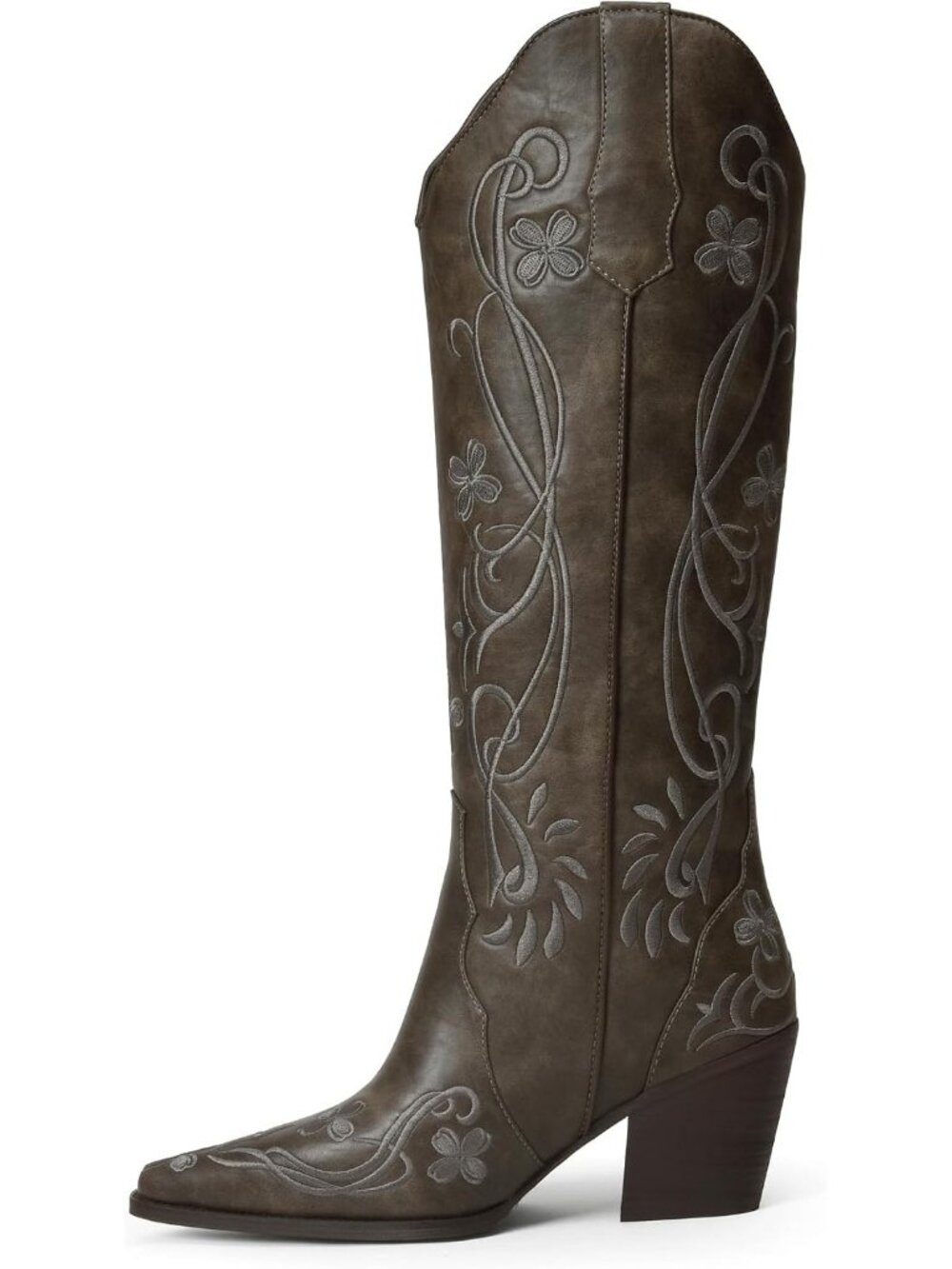 Women's Dark Bronze pu Knee High Floral Embroidered Vintage Cowgirl Boots